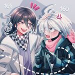  2boys :d ahoge alternate_costume anger_vein bangs black_hair black_jacket blush checkered checkered_neckwear checkered_scarf cheer_(cheerkitty14) clenched_hand danganronpa_(series) danganronpa_v3:_killing_harmony eye_contact gloves green_jacket grey_eyes grey_hair grey_jacket headpat highres jacket keebo looking_at_another male_focus multiple_boys notice_lines number open_clothes open_jacket open_mouth ouma_kokichi pink_scarf pointing_at_another scarf shirt smile sweatdrop two-tone_jacket upper_body upper_teeth white_shirt 