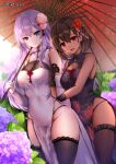  2girls aqua_eyes arm_grab bare_hips black_legwear borrowed_character breasts brown_hair china_dress chinese_clothes cleavage cleavage_cutout clothing_cutout dark-skinned_female dark_skin dress flower gloves hair_flower hair_ornament hydrangea mafuyu multiple_girls oil-paper_umbrella original panties panty_straps red_eyes see-through shiny shiny_skin skindentation tan thick_thighs thighhighs thighs umbrella underwear white_hair yuri 