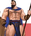  1boy abs bara bare_pectorals beard blue_cape cape chest_hair facial_hair feet_out_of_frame highres holding holding_polearm holding_shield holding_weapon jang_ju_hyeon large_pectorals league_of_legends looking_at_viewer male_focus mature_male mohawk muscular muscular_male navel navel_hair nipples pantheon_(league_of_legends) pectorals pelvic_curtain polearm revealing_clothes shield short_hair solo stomach thick_thighs thighs weapon 