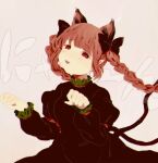  1girl :3 :d animal_ear_fluff animal_ears bangs black_bow black_dress blunt_bangs blush bow braid breasts cat_ears cat_tail commentary_request dress extra_ears eyebrows_visible_through_hair grey_background hair_bow hands_up izari juliet_sleeves kaenbyou_rin long_sleeves looking_at_viewer medium_breasts multiple_tails nekomata nose_blush open_mouth paw_pose pointy_ears puffy_sleeves red_eyes red_hair simple_background smile solo tail touhou twin_braids twintails two_tails upper_body 