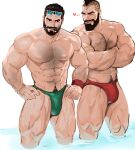  2boys abs alternate_costume bara bare_pectorals beard blush bulge chest_hair cigar crossed_arms dark-skinned_male dark_skin facial_hair feet_out_of_frame graves_(league_of_legends) green_male_swimwear hands_on_hips heart highres jang_ju_hyeon large_pectorals league_of_legends male_focus male_swimwear mature_male mohawk multiple_boys muscular muscular_male navel navel_hair nipples pantheon_(league_of_legends) pectorals red_male_swimwear scar scar_on_chest short_hair smile smoking standing stomach sunglasses swim_briefs thick_thighs thighs 