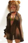  1girl bangs black_choker blush bra breasts brown_shirt choker cleavage collarbone dano double_bun eyebrows_visible_through_hair feet_out_of_frame girls&#039;_frontline green_bra highres light_brown_hair lock looking_at_viewer medium_breasts medium_hair one-hour_drawing_challenge open_clothes open_mouth open_shirt p90_(girls&#039;_frontline) panties red_eyes shirt solo standing underwear white_background 