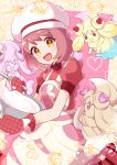  1girl :d alcremie alcremie_(strawberry_sweet) alternate_hair_color apron bangs blush buttons commentary_request cosplay dawn_(pokemon) dawn_(pokemon)_(cosplay) dress eyelashes gen_8_pokemon gloria_(pokemon) hanezu_haru hat highres holding mittens mixing_bowl open_mouth oven_mitts pokemon pokemon_(creature) pokemon_(game) pokemon_masters_ex purple_hair red_dress red_mittens short_sleeves smile tongue white_headwear yellow_eyes 