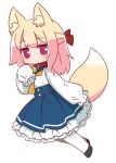  1girl alternate_costume animal_ear_fluff animal_ears bangs bell black_footwear blonde_hair blue_skirt blush bow brown_collar closed_mouth collar commentary_request eyebrows_visible_through_hair fox_ears fox_girl fox_tail frilled_skirt frills full_body hair_bow hand_up highres jingle_bell kemomimi-chan_(naga_u) long_hair long_sleeves looking_at_viewer naga_u neck_bell orange_neckwear original pantyhose puffy_long_sleeves puffy_sleeves red_bow red_eyes shirt shoes simple_background skirt sleeves_past_fingers sleeves_past_wrists solo suspender_skirt suspenders tail white_background white_legwear white_shirt 