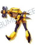  1girl abraham_perez bent_over black_hair black_legwear blonde_hair blue_eyes bumblebee character_name dark-skinned_female dark_skin double_bun english_commentary genderswap genderswap_(mtf) hammer highres holding holding_hammer magical_girl personification solo thighhighs transformers transformers_animated tube_socks twitter_username white_background white_headwear 