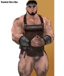  1boy apron bara bare_shoulders beard brown_apron bulge dirty dirty_clothes dirty_face facial_hair feet_out_of_frame fidgeting headband highres jang_ju_hyeon large_pectorals male_cleavage male_focus mature_male muscular muscular_male original own_hands_together pectorals revealing_clothes short_hair sidepec smile solo thick_eyebrows thick_thighs thighs white_male_underwear 