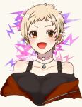  1girl :d blonde_hair breasts brown_eyes choker ear_piercing earrings idolmaster idolmaster_cinderella_girls idolmaster_cinderella_girls_starlight_stage jewelry looking_at_viewer necklace open_mouth piercing senzaki_ema simple_background small_breasts smile solo upper_body yaoya315 
