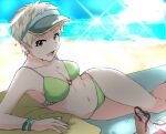  1girl bare_arms bare_legs beach beach_towel bikini blonde_hair blue_nails bracelet breasts cleavage collarbone commentary_request day e-no-ki ear_piercing earrings feet_out_of_frame footwear_removed green_bikini hoop_earrings idolmaster idolmaster_cinderella_girls jewelry looking_at_viewer lower_teeth lying medium_breasts nail_polish navel ocean on_side open_mouth outdoors piercing platform_footwear red_eyes senzaki_ema short_hair smile solo sparkle sweat swimsuit towel very_short_hair visor_cap 