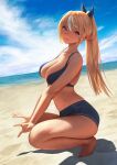  1girl absurdres bangs barefoot beach blonde_hair blue_bra blue_shorts blue_sky bra breasts charles_(106858) cleavage closed_mouth elf hair_between_eyes hair_ribbon high_ponytail highres hololive large_breasts long_hair looking_to_the_side multicolored_hair ocean pointy_ears red_eyes ribbon sand shiranui_flare shore short_shorts shorts sky smile squatting streaked_hair thighs underwear virtual_youtuber water 