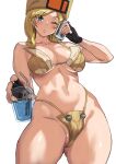  1girl ashiomi_masato bare_shoulders blonde_hair blue_eyes blush can collarbone cup drinking_straw fingernails giving gloves guilty_gear guilty_gear_strive hat holding holding_can holding_cup hot long_hair looking_at_viewer millia_rage navel one_eye_closed parted_lips simple_background solo sweat swimsuit transparent wet white_background yellow_headwear 