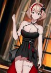  1girl azur_lane bangs breasts brown_eyes cleavage dress eyebrows_visible_through_hair hair_ornament highres iron_cross large_breasts looking_at_viewer roon_(azur_lane) roon_(dark_red_grin)_(azur_lane) short_hair skirt smile solo 