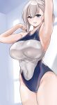  1girl absurdres alternate_costume arm_up armpits asymmetrical_hair azur_lane belfast_(azur_lane) blue_eyes blue_swimsuit blush braid breasts commentary competition_swimsuit covered_navel cowboy_shot eyebrows_visible_through_hair french_braid grey_swimsuit groin hair_between_eyes highleg highleg_swimsuit highres hiiragi_setu holding holding_whistle huge_filesize large_breasts looking_at_viewer one-piece_swimsuit open_mouth short_hair sideboob silver_hair smile solo swimsuit thighs two-tone_swimsuit whistle whistle_around_neck 