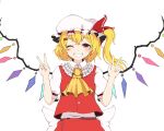  1girl bangs blonde_hair bow buttons collar crystal double_v eyebrows_visible_through_hair flandre_scarlet hair_between_eyes hands_up hat hat_ribbon highres looking_at_viewer multicolored multicolored_wings one_eye_closed one_side_up puffy_short_sleeves puffy_sleeves red_eyes red_ribbon red_skirt red_vest ribbon shirt shokabatsuki short_hair short_sleeves simple_background skirt smile solo teeth touhou v vest white_background white_bow white_collar white_headwear white_shirt white_sleeves wings yellow_neckwear 