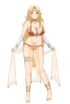  1girl absurdres barefoot bikini blonde_hair blush bracelet breasts bridal_gauntlets brigid_(fire_emblem) brown_eyes commission fire_emblem fire_emblem:_genealogy_of_the_holy_war full_body harem_outfit headpiece highres jewelry large_breasts long_hair necklace nvl orange_bikini sheer_clothes simple_background solo swimsuit thigh_strap underwear white_background 