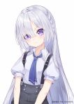  1girl ak-15_(girls&#039;_frontline) artist_name bangs blue_neckwear blush braid child chinese_commentary collared_shirt commentary_request english_commentary ge_zhong_kuaile girls&#039;_frontline hair_over_one_eye long_hair looking_at_viewer necktie pixiv_id purple_eyes shirt short_sleeves solo v-shaped_eyebrows white_hair white_shirt 