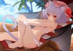  1girl :3 alternate_costume animal_ears armpit_peek bangs barefoot bat_wings bikini blurry blurry_background bow cat_ears cat_tail chair closed_mouth cloud cloudy_sky commentary_request day depth_of_field eyebrows_visible_through_hair flat_chest foot_out_of_frame frills hat hat_bow holding_leg kemonomimi_mode knee_up light_purple_hair light_smile looking_at_viewer mob_cap outdoors palm_tree pink_bikini pink_headwear red_bow red_eyes remilia_scarlet short_hair sitting sky solarisu solo swimsuit tail toes touhou tree umbrella wings wrist_cuffs 