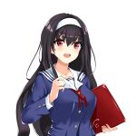  1girl black_hair blush chaesu highres holding kasumigaoka_utaha long_hair looking_at_viewer open_mouth red_eyes saenai_heroine_no_sodatekata sailor_collar simple_background solo white_background white_sailor_collar 