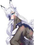  1girl absurdres animal_ear_fluff animal_ears aqua_eyes ass azur_lane blue_skirt blush bodystocking fox_ears fox_girl hair_ribbon highres kasumi_(azur_lane) long_hair looking_back one_eye_covered panties panties_under_pantyhose pantyhose retrofit_(azur_lane) ribbon skirt tagme tail underwear very_long_hair white_background white_hair 