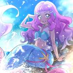  1girl arm_support blue_eyes blue_sky bracelet cloud commentary_request jewelry laura_(precure) looking_at_viewer mermaid midriff monster_girl nakahira_guy navel ocean outdoors pink_hair precure sitting sky solo tropical-rouge!_precure water 