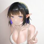  1girl arknights bangs bare_shoulders black_hair blue_eyes blue_hair breasts camisole cleavage collarbone commentary_request eunectes_(arknights) eunectes_(forgemaster)_(arknights) eyebrows_visible_through_hair grey_background halu_u large_breasts looking_at_viewer multicolored_hair official_alternate_costume pointing pointy_ears short_hair solo spaghetti_strap upper_body 