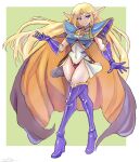  1girl absurdres armor bangs blonde_hair blue_footwear blue_gloves boots breastplate breasts cape covered_navel crossed_legs deedlit elf fantasy floating_hair forehead_jewel gloves highres leotard long_hair long_pointy_ears medium_breasts oomasa_teikoku open_hands pointy_ears record_of_lodoss_war shoulder_armor solo thigh_boots thighhighs 