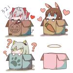  3girls ? amiya_(arknights) animal_ears arknights blue_eyes box brown_hair bunny_ears cardboard_box carrot chibi chinese_commentary chinese_text commentary_request demon_girl demon_horns demon_tail detonator green_eyes green_hair grey_hair halo hatsuzuki_527_(style) highres holding_remote_control horns in_box in_container kal&#039;tsit_(arknights) luai_(qq) lynx_girl lynx_tail multiple_girls red_eyes red_horns short_hair solid_oval_eyes tail w_(arknights) 