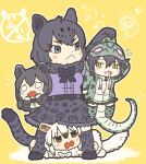  4girls animal_ears anteater_ears anteater_tail black_fur black_gloves black_hair black_jaguar_(kemono_friends) black_legwear black_neckwear black_skirt blue_eyes blush bow bowtie center_frills commentary_request crying elbow_gloves eyebrows_visible_through_hair fangs frilled_skirt frills fur_collar gloves habu_(kemono_friends) holding_another hood hood_up hoodie jaguar_ears jaguar_girl jaguar_print jaguar_tail kemono_friends kuro_shiro_(kuro96siro46) long_hair long_sleeves malayan_tapir_(kemono_friends) multicolored_hair multiple_girls print_gloves print_hoodie print_legwear print_skirt purple_shirt shirt short_hair short_sleeves skirt snake_print snake_tail southern_tamandua_(kemono_friends) tail tapir_ears tapir_girl thighhighs tongue tongue_out two-tone_hair white_hair zettai_ryouiki 