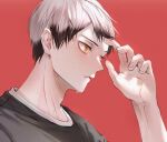  1boy close-up dal_li_0130 eyebrows eyelashes fingernails grey_hair haikyuu!! hand_in_hair hand_up highres jersey kita_shinsuke korean_commentary male_focus multicolored_hair parted_lips profile red_background short_hair sportswear sweat two-tone_hair volleyball_uniform yellow_eyes 
