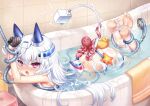  1girl animal arms_up ass bangs barefoot bath bathing bathtub black_gloves blush bound bound_wrists breast_press breasts commentary_request electricity eyebrows_visible_through_hair feet gloves hair_between_eyes half_gloves headgear indie_virtual_youtuber indoors legs_up long_hair no_shoes nose_blush octopus official_art open_mouth padko partially_submerged purple_eyes rubber_duck see-through shiodome_oji short_shorts shorts shower_head small_breasts soles solo starfish stirrup_legwear tail thighhighs tile_wall tiles toeless_legwear towel toy_boat upper_teeth very_long_hair virtual_youtuber water white_hair white_legwear white_shorts 