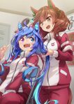  2girls :d @_@ absurdres ahoge animal_ears bangs blue_eyes blue_hair blush breasts brown_eyes brown_hair brushing_another&#039;s_hair colored_inner_hair commentary_request ear_covers eva_mashiro eyebrows_visible_through_hair hair_brush hair_tie hand_up hands_up heterochromia highres holding holding_brush holding_hair horse_ears horse_girl horse_tail index_finger_raised jacket large_breasts long_hair long_sleeves looking_at_another multicolored_hair multiple_girls nice_nature_(umamusume) open_mouth pants purple_eyes red_jacket red_pants sharp_teeth smile sweatdrop tail teeth thick_eyebrows track_jacket track_pants track_suit twin_turbo_(umamusume) twintails umamusume very_long_hair white_jacket zipper 