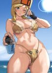  1girl ashiomi_masato bare_shoulders beach blonde_hair blue_eyes blue_sky blush can cloud collarbone cup drinking_straw fingernails giving glint gloves guilty_gear guilty_gear_strive hat holding holding_can holding_cup hot long_hair looking_at_viewer millia_rage navel ocean one_eye_closed outdoors parted_lips sky solo sun sweat swimsuit transparent wet yellow_headwear 