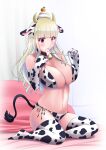  1girl absurdres akihiro0920 animal_ears animal_print bangs bell bikini bikini_lift blanket blonde_hair blunt_bangs blush breasts choker clothes_lift cow_ears cow_horns cow_print cow_tail curtains elbow_gloves food-themed_hair_ornament full_body gloves hair_ornament hands_up highres horns large_breasts lifted_by_self long_hair mouth_hold navel neck_bell on_floor original red_eyes shadow side-tie_bikini sitting skindentation solo strap_lift swimsuit tail thighhighs 