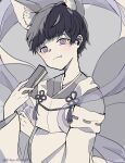  1boy animal_ears blush commentary detached_sleeves eyebrows_visible_through_hair fang fang_out greyscale highres holding kitsunehime01 looking_at_viewer matsuno_ichimatsu monochrome osomatsu-san short_hair smile solo spot_color 