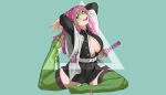  1girl arms_behind_head belt black_skirt braid breasts cleavage gradient_hair green_background green_eyes green_hair green_legwear highres hong_doo kanroji_mitsuri kimetsu_no_yaiba large_breasts looking_at_viewer mole mole_under_eye multicolored_hair open_mouth partially_unbuttoned pink_hair pleated_skirt simple_background skirt smile solo sword thighhighs weapon white_belt 