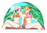 2girls absurdres arm_support artist_name bangs bare_arms bare_legs bikini blonde_hair blue_sky bow bow_bikini bracelet breasts brown_eyes cleavage commentary_request cropped_legs crossed_legs diffraction_spikes e-no-ki ear_piercing earrings eyebrows_visible_through_hair eyewear_on_head feet_out_of_frame fujimoto_rina grey_eyes hand_up heart heart-shaped_eyewear highres holding holding_stuffed_toy hoop_earrings idolmaster idolmaster_cinderella_girls jewelry leaf legs long_hair looking_at_viewer looking_over_eyewear medium_breasts multiple_girls nail_polish navel open_mouth orange_bikini orange_hair piercing pink_bikini pink_nails senzaki_ema short_hair sitting sky smile stomach stuffed_animal stuffed_toy sunglasses swimsuit teddy_bear tinted_eyewear upper_teeth white_background white_bow 