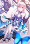  1girl :o bad_anatomy bangs bare_shoulders black_gloves blue_butterfly blurry blurry_foreground bronya_zaychik bronya_zaychik_(herrscher_of_reason) bug butterfly dress drill_hair earrings elbow_gloves full_body gloves glowing grey_eyes grey_hair hair_between_eyes hair_ornament highres honkai_(series) honkai_impact_3rd insect jewelry long_hair looking_at_viewer navel open_mouth project_bunny sleeveless solo thighhighs twin_drills white_footwear white_legwear xiguaa_mocha 