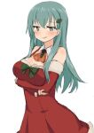  1girl arms_under_breasts bangs blush breasts christmas christmas_tree_hair_ornament cleavage detached_sleeves dress eyebrows_visible_through_hair hair_between_eyes hair_ornament junes kantai_collection large_breasts long_hair looking_at_viewer official_alternate_costume open_mouth orange_neckwear red_dress santa_costume simple_background sketch solo strapless strapless_dress suzuya_(kancolle) white_background 