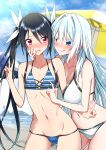  2girls :q beach bikini black_hair blue_bikini blue_eyes blue_sky blush breasts closed_mouth cloud day double_v flat_chest hair_ribbon highres large_breasts long_hair multiple_girls navel ocean open_mouth ore_twintail_ni_narimasu outdoors parasol red_eyes ribbon sky smile swimsuit tongue tongue_out tsube_aika twintails twoearle umbrella v white_bikini white_hair white_ribbon yuri yuto_(dialique) 