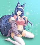  1girl animal_ear_fluff animal_ears blue_eyes chaesu fox_ears fox_girl fox_tail grey_jacket grey_shorts hand_up highres jacket long_sleeves looking_at_viewer midriff navel no_shoes open_mouth orie_(under_night_in-birth) pink_shirt shirt shorts smile solo tail thighhighs under_night_in-birth white_legwear 
