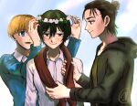  1girl 2boys armin_arlert black_hair commentary eren_yeager flower flower_ornament hair_flower hair_ornament highres mikasa_ackerman multiple_boys ocqodd scar scar_on_cheek scar_on_face shingeki_no_kyojin tied_hair 