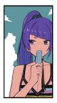  1girl aqua_sky bikini bikini_top breasts cleavage cloud cloudy_sky copyright_request covering_mouth earrings food highres holding holding_food jewelry ka3ann long_hair ponytail popsicle purple_eyes purple_hair sky solo swimsuit upper_body 