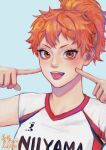  1girl :p blue_background eyebrows eyelashes fingernails fingers_to_cheeks haikyuu!! hands_up highres hinata_natsu litamo0413 looking_at_viewer medium_hair orange_eyes orange_hair ponytail portrait simple_background smile solo sportswear teeth tongue tongue_out volleyball_uniform 