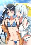  2girls :d beach bikini black_hair blue_bikini blue_eyes blue_sky breasts closed_mouth cloud commentary_request day flat_chest hair_ribbon highres large_breasts long_hair looking_at_viewer multiple_girls navel ocean open_mouth ore_twintail_ni_narimasu outdoors parasol red_eyes ribbon sky smile swimsuit tsube_aika twintails twoearle umbrella white_bikini white_hair white_ribbon yuto_(dialique) 