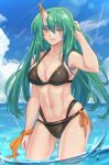  1girl arknights ass_visible_through_thighs bangs bare_arms bare_shoulders bikini black_bikini blue_sky breasts cleavage cloud collarbone colored_eyelashes commentary cowboy_shot day green_hair grin hair_between_eyes hand_up horns hoshiguma_(arknights) kaizeru large_breasts looking_at_viewer multi-strapped_bikini navel single_horn sky smile solo standing stomach swimsuit thighs wading water yellow_eyes 