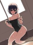  1girl bare_shoulders black_eyes black_hair black_swimsuit blush breasts closed_mouth clothes_pull copyright_request covered_navel dutch_angle eyebrows_visible_through_hair hands_up looking_at_viewer medium_breasts namonashi pool sitting smile solo swimsuit swimsuit_pull 