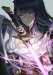  1girl bangs blunt_bangs breasts cleavage closed_mouth commentary_request electricity flower genshin_impact hair_ornament holding holding_sword holding_weapon japanese_clothes katana kimono large_breasts light_smile long_hair looking_at_viewer mole mole_under_eye purple_eyes purple_flower purple_hair raiden_(genshin_impact) ribbon sash shoulder_pads silence_girl simple_background solo sword vision_(genshin_impact) weapon wide_sleeves 