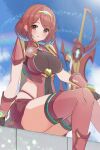  1girl aegis_sword_(xenoblade) bangs black_gloves breasts chest_jewel earrings fingerless_gloves gloves highres jewelry large_breasts pyra_(xenoblade) red_eyes red_hair red_legwear red_shorts short_hair short_shorts shorts solo swept_bangs sword thighhighs tiara tsumugi_1210 weapon xenoblade_chronicles_(series) xenoblade_chronicles_2 