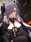  1girl :3 august_von_parseval_(azur_lane) azur_lane bangs bare_shoulders black_background black_dress black_legwear black_neckwear black_sleeves breasts cleavage cleavage_cutout closed_mouth clothing_cutout commentary_request cowboy_shot crossed_legs detached_sleeves dress fire gloves grey_hair hair_between_eyes hair_ornament hair_over_one_eye hand_up headgear highres horns iron_cross large_breasts long_hair looking_at_viewer neckwear_between_breasts partial_commentary purple_eyes reizouko sidelocks sitting sleeveless sleeveless_dress smile solo thighhighs white_gloves 