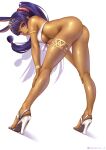  1girl absurdres animal_ears armlet ass bangs bare_legs bare_shoulders bent_over bikini bracelet breasts dark-skinned_female dark_skin earrings facial_mark fate/grand_order fate_(series) from_behind full_body high_heels highres jackal_ears jewelry kneepits long_hair looking_at_viewer looking_back medium_breasts nitocris_(fate) nitocris_(swimsuit_assassin)_(fate) open_mouth purple_eyes purple_hair queasy_s shoes simple_background solo swimsuit tiara twitter_username underboob very_long_hair white_background white_bikini white_footwear 
