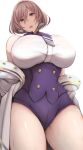  1girl absurdres bangs bare_shoulders blue_eyes breasts brown_hair coat cowboy_shot from_below gridman_universe hair_between_eyes highres huge_breasts huge_filesize koburakko looking_at_viewer looking_down mujina necktie parted_lips purple_neckwear purple_shorts short_hair short_shorts shorts simple_background solo ssss.dynazenon sweat thighs white_background 